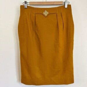 Vintage Denise Petites Women’s 10 100% Pure Wool Pleated Slit Skirt Yellow